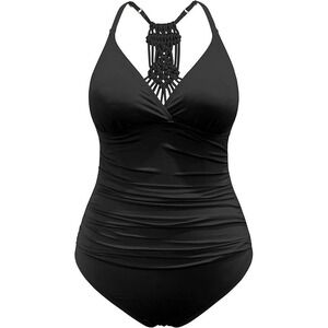 One Piece Swimsuit Black Macrame Racerback Ruched Women Size 6